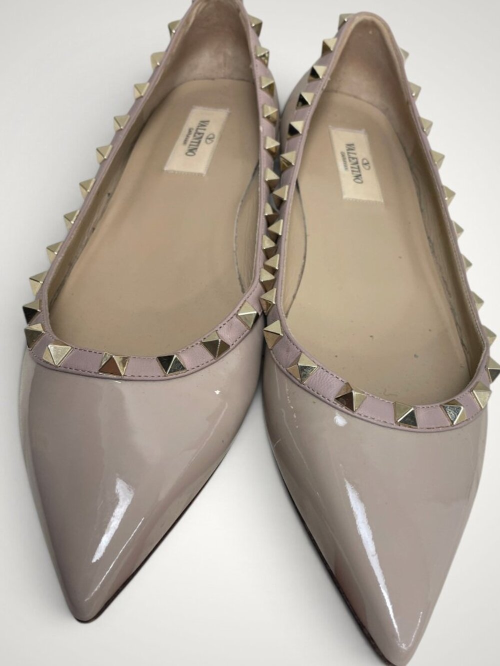 VALENTINO GARAVANI Rockstud Pointed Toe Leather Poudre Ballet Flats Women's 9.5